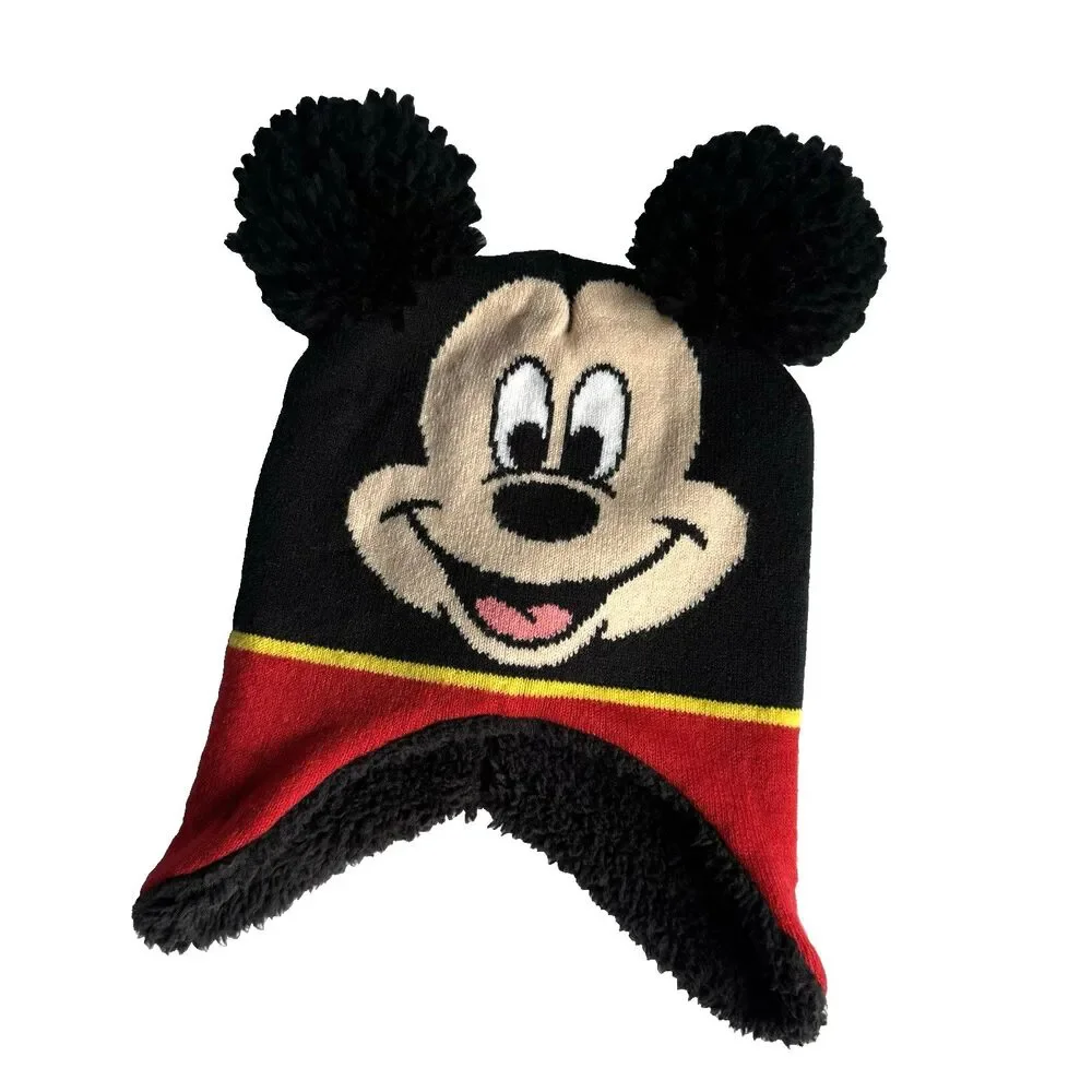 Toddler Disney Mickey Mouse Winter Beanie Hat Knit Pom Pom Ears Flaps Sz 2T-5T